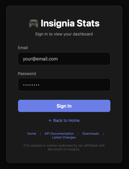 Insignia Stats sign-in page with email, password, and Sign In button