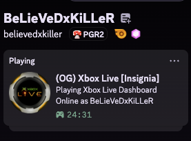 Discord showing Playing (OG) Xbox Live [Insignia] with Xbox Live Dashboard and play time
